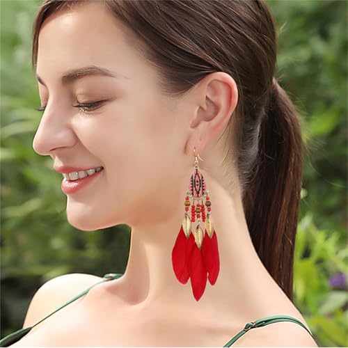 Dreuyet Boho Long Feather Drop Dangle Earrings for Women Retro Bohemian Ethnic Fringe Multicolor Tassel Feather Earring Handmade Statement Dream Catcher Earrings Jewelry - color: Red Teardrop