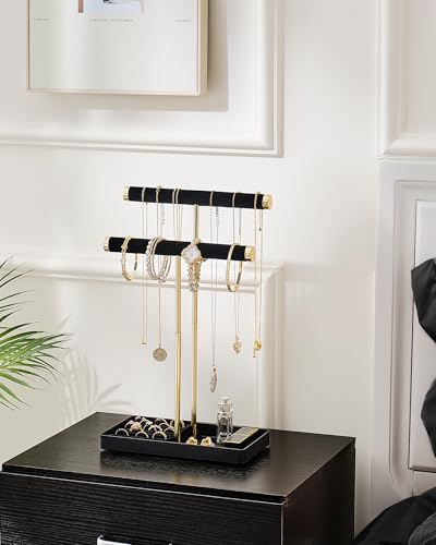 Lolalet 2-Tier Necklace Holder Display, Jewelry Stand with Ring Tray -Black | Velvet Wrapped Jewelry Organizer, Tall Bracelet Stand for Bangles Watches Earrings, Gifts for Mom Girls Women Mother's Day - color: Black