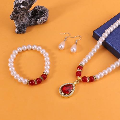 CSIYANJRY99 Pearl Jewelry Set for Women Prom Accessorie Faux Pearl Necklace Bracelet Earring Set Bride Bridesmaid Costume White Jewelry Sets - color: C-Red