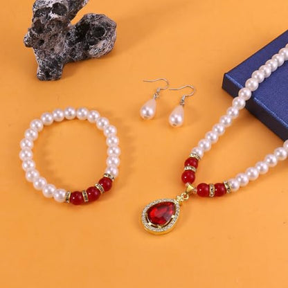 CSIYANJRY99 Pearl Jewelry Set for Women Prom Accessorie Faux Pearl Necklace Bracelet Earring Set Bride Bridesmaid Costume White Jewelry Sets - color: C-Red