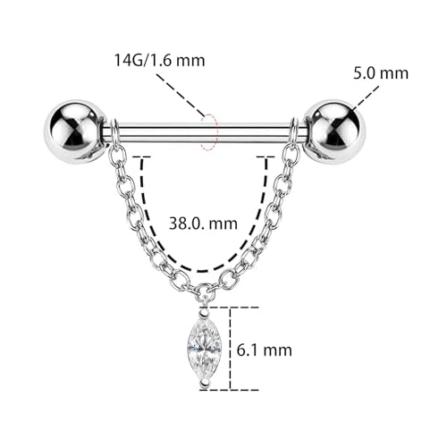 14G Nipple Rings for Women 316L Stainless Steel Dangle Nipple Barbell Nipple Studs Rings Nipple Piercing Jewelry - color: silver