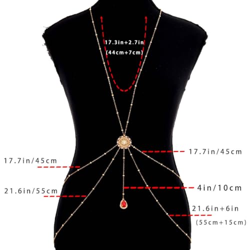 Gold Body Chain for Women Layered Rhinestone Waist Chains Summer Beaded Bra Body Jewelry Gifts - color: Red