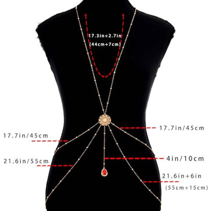 Gold Body Chain for Women Layered Rhinestone Waist Chains Summer Beaded Bra Body Jewelry Gifts - color: Red
