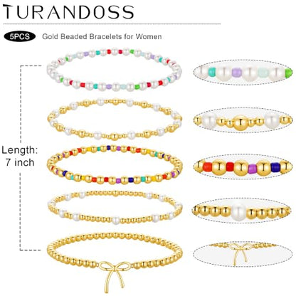 Turandoss 5PCS 14K Gold Plated Beaded Stretch Bracelets Set for Women | Stacked Bow Cross Wave Knot Pearl Beads Bracelet Set, Waterproof 7 Inch Stretch Elastic, Summer Jewelry Gifts for Women Girls - color: 5PCS Bow Beaded Bracelets