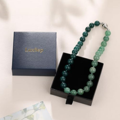 Chunky Gemstone Necklace for Women, 12mm Green Beaded Necklace, Hand-Knotted Beads Choker with Magnetic Clasp, Statement Jewelry, 16.5" - color: Jade & Aventurine