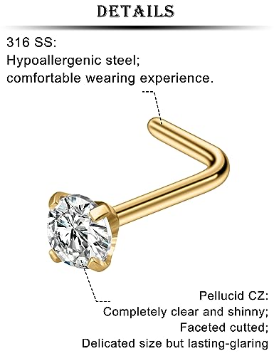 18G 20G 22G L Shaped Nose Rings Stud with Cubic Zirconia Hypoallergenic 316L Surgical Grade Stainless Steel Nose Nostril Rings Body Piercing Jewelry for Women Men CZ Size 1.5mm 2mm 2.5mm 3mm - color: 22G Gold CZ 1.5mm-3mm
