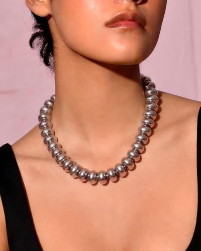 Chunky Colorful Bead Necklace Summer Fashion Statement Boho Beaded Chunky Necklace for Women Adjustable Length Lightweight Cool Suitable for Beach Vacation Daily Wear & Summer Parties - color: Silver