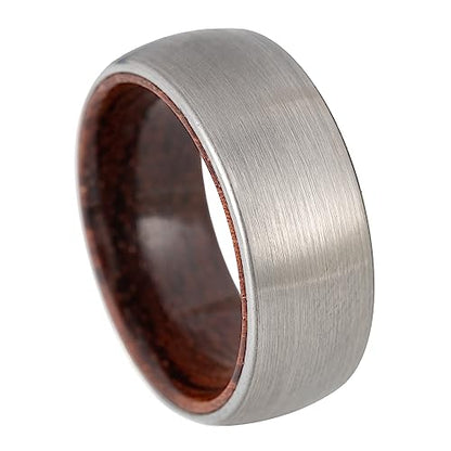8mm Tungsten Carbide Genuine Natural Koa Wood Inner Inlay Ring Black/Gold/Silver/Rose Gold Wedding Band Hammered Textured Flat Style Comfort Fit Gift Box Included - color: Brushed Silver Tungsten