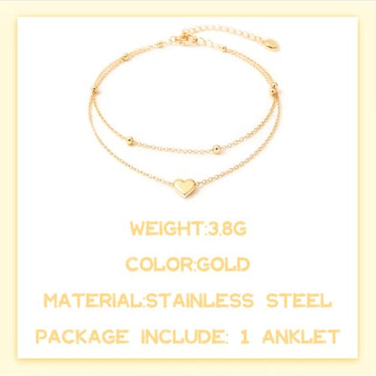 GAUEIOUR Adjustable Heart Layered Ankle Bracelets for Women | Waterproof 18K Gold Plated Stainless Steel Heart Charm Ankle Chain Summer Beach Vacation Party Jewellery for Women