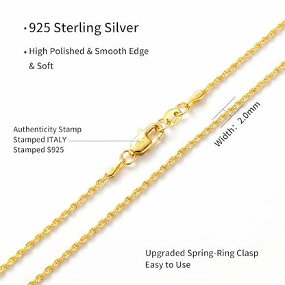 S925 Sterling Silver Chain for Women, 2mm Sterling Silver Rope Chain Necklace Thick Sturdy Colourfast Necklaces Jewelry for Women 16/18/20/22 Inch - color: Gold