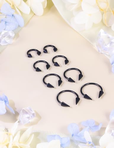 Long Spike Septum Rings 16G Surgical Steel Snake Bite Jewelry Lip Rings Smiley Piercing Jewelry for Women Men 6mm/8mm/10mm/12mm - color: black,8pcs,16g,Dia.6-12mm
