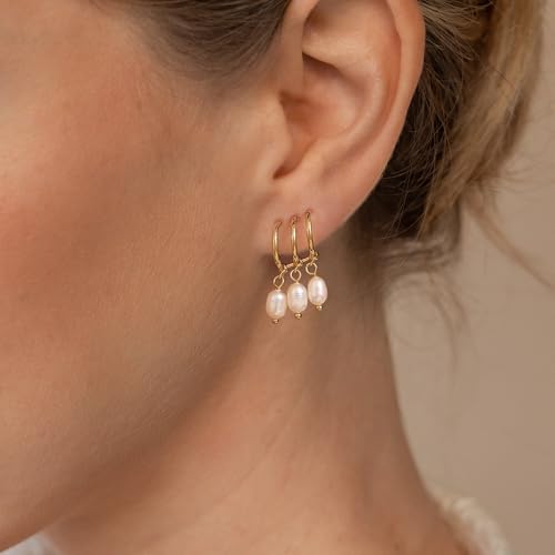 Robaice Pearl Earrings for Women, 14K Gold Plated Dangle Drop Earrings | Small Pearl Drop Huggie Hoop Earrings, Hypoallergenic Dainty Gold Earrings, Wedding Jewelry Gifts for Women Trendy - style: triple huggie pearl earrings