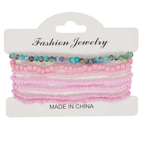 Bohemian Colorful Crystal Glass Beads Seed Beaded Bracelet Handmade Adjustable Stackable Elastic Strand Bangle for Women Summer Beach Hawaii Boho Wristbands Jewelry - color: pink