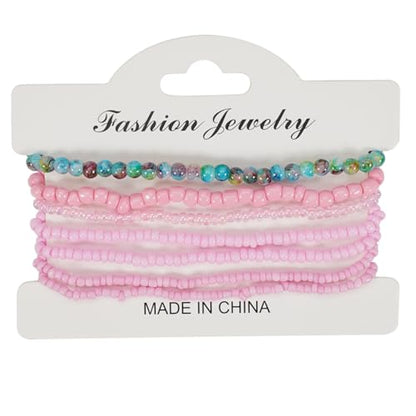 Bohemian Colorful Crystal Glass Beads Seed Beaded Bracelet Handmade Adjustable Stackable Elastic Strand Bangle for Women Summer Beach Hawaii Boho Wristbands Jewelry - color: pink