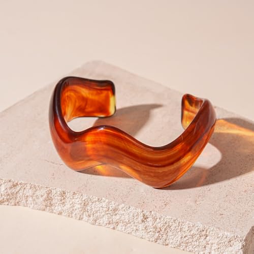 Creative Wave-shaped Opening Cuff Bracelets Statement Colorful Geometric Chunky Bangle Bracelets Acrylic Resin Irregular Wristbands for Beach Vacation Jewelry - color: Amber