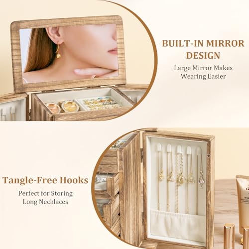 Large Jewelry Box & Organizer for Women, Wooden Jewelry Storage with 4 Transparent Drawers, Holds Necklaces, Rings, Bracelets, Earrings and Watches(Brown) - color: Rustic Brown