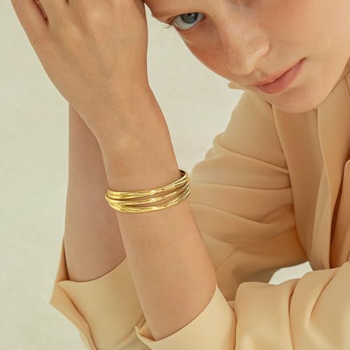 Chunky 14k Gold Cuff Bracelets for Women - Non Tarnish Teardrop Bangle Multi-layer Cross Wire Open Bracelets - color: 01 Gold-Wire Cuff Bracelets
