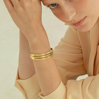 Chunky 14k Gold Cuff Bracelets for Women - Non Tarnish Teardrop Bangle Multi-layer Cross Wire Open Bracelets - color: 01 Gold-Wire Cuff Bracelets