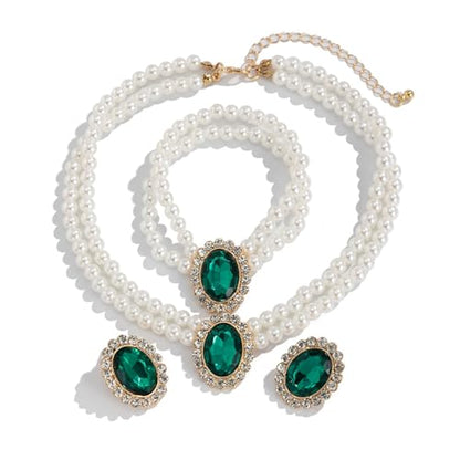 3Pcs Dainty Elegant Imitation Pearl Beaded Choker Necklace Bracelets Earrings Set Handmade Adjustable Faux Pearl Necklace for Women Bridal Wedding Party Prom Birthday Valentine Jewelry Gifts - color: E green