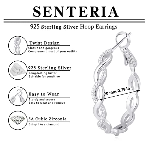 Senteria S925 Sterling Silver Post Twisted Hoop Earrings Hypoallergenic | Lightweight Silver Hoop Earrings AAAAA Cubic Zirconia Nickel Free for Sensitive Ears Twisted Hoops for Women Gifts 20-60MM - color: silver-20mm