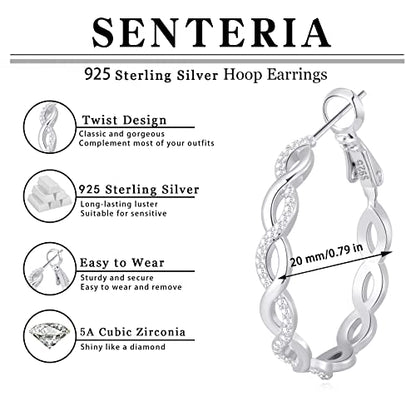 Senteria S925 Sterling Silver Post Twisted Hoop Earrings Hypoallergenic | Lightweight Silver Hoop Earrings AAAAA Cubic Zirconia Nickel Free for Sensitive Ears Twisted Hoops for Women Gifts 20-60MM - color: silver-20mm