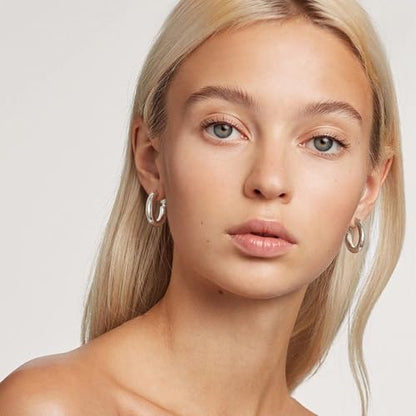 sovesi Chunky Hoop Earrings for Women, 14K Gold Plated Thick Hoops | 5mm Thick Hollow Tube Chunky Lightweight Hypoallergenic Hoop Earrings for Women - style: Silver 25MM