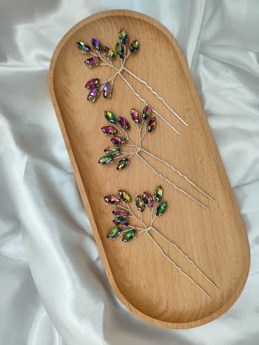 Women's Birthday Evening Party Headpieces Shiny Crystal Wedding Prom Hair Accessories 3pcs Pageant Banquet Hairpins,Colorful - color: Colorful