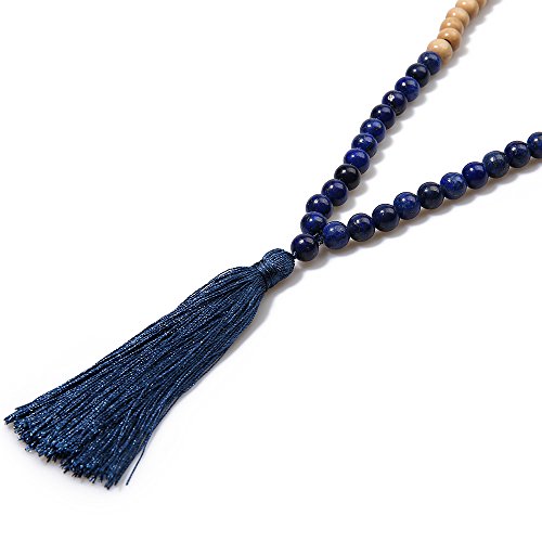 8MM Semi-Precious Gem Stones Wood Mala Bead Necklace | Multicolor Long Tassel Charms Chain Necklace,Handmade Beaded Pendant Necklace for Women Men - color: Wooden+ Lapis Lazuli