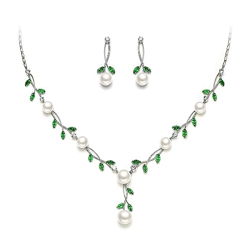 EVER FAITH Cubic Zirconia Pearl Leaf Vine Wedding Jewelry Set for Bride | Crystal Filigree Bridal Necklace Earrings, for Women Bridesmaid - color: 2pcs_Green Silver-Plated-Brass
