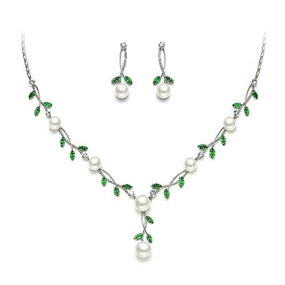 EVER FAITH Cubic Zirconia Pearl Leaf Vine Wedding Jewelry Set for Bride | Crystal Filigree Bridal Necklace Earrings, for Women Bridesmaid - color: 2pcs_Green Silver-Plated-Brass