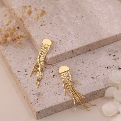 Gold Earrings for Women, 14K Gold Plated Tassel Dangle Earrings for Women Trendy Hypoallergenic Long Chain Earring Dainty Pearl Drop Earrings Elegant Wedding Earring Fashion Jewelry for Womens - color: Gold-Style 7