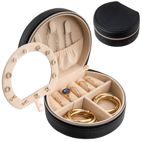 ProCase Travel Size Jewelry Box, Mini Portable Seashell-Shaped Jewelry Case with Mirror, 2 Layer Organizer in PU Leather for Women -Black - color: Black, size: Small - With Mirror