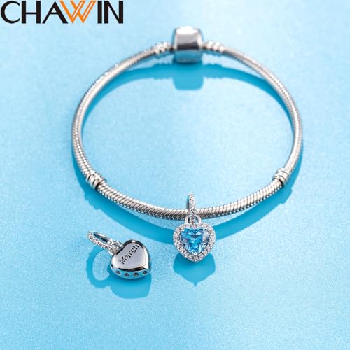 CHAWIN Birthstone Charms, 925 Sterling Silver Heart Dangle Charm, Sparkling CZ Compatible with Pandora Charm Bracelet, Necklace, Birthday Gifts for Women/Wife/Mother - style: 03# March
