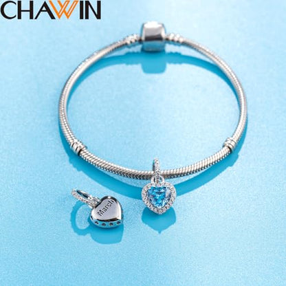 CHAWIN Birthstone Charms, 925 Sterling Silver Heart Dangle Charm, Sparkling CZ Compatible with Pandora Charm Bracelet, Necklace, Birthday Gifts for Women/Wife/Mother - style: 03# March