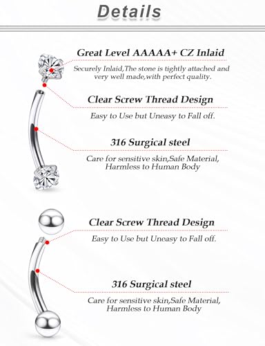 16G Eyebrow Rings Rook Piercing Jewelry 316L Surgical Steel Curved Barbells Vertical Lip labret Snake Eyes Piercing Jewelry Tongue Small Belly Ring 6mm 8mm 10mm Silver Black Gold - color: Silver