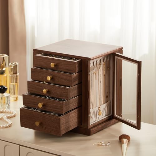 Rotating Black Walnut Wooden Jewelry Box for Women, 5 Layer | 360° Rotatable, 5 Drawers, Rings, Necklaces, Earrings & Bracelets, Large Storage Case, Gift for Her - size: 5 Layer(7.9"D x 9.4"W x 10.4"H)