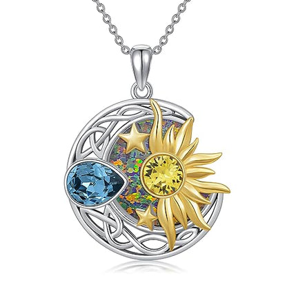 AOBOCO 925 Sterling Silver Moon Sun Star Necklace Celtic Jewelry for Women Girls - color: Silver&Gold&Orange&Purple