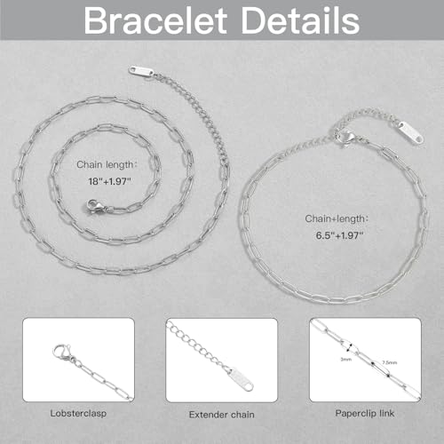 Swyabi 20 PCS Paperclip Necklace Bracelet Chains Bulk for Jewelry Making | 18K Stainless Steel, with Extender, No Fade, No Rust, Adjustable, for Men Women DIY, Silver - color: 3x7.5mm Silver