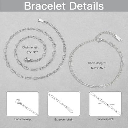 Swyabi 20 PCS Paperclip Necklace Bracelet Chains Bulk for Jewelry Making | 18K Stainless Steel, with Extender, No Fade, No Rust, Adjustable, for Men Women DIY, Silver - color: 3x7.5mm Silver