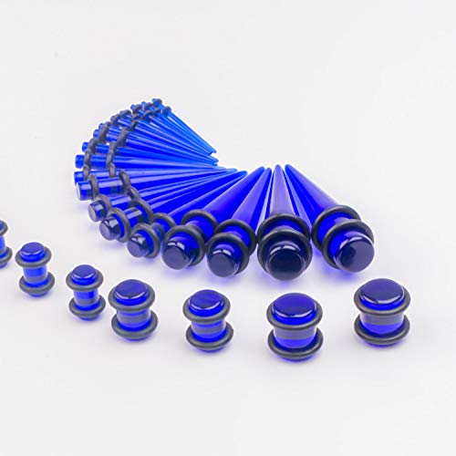 50 Pcs Ear Gauges Stretching Kit 14G-00G | Acrylic Tapers and Plugs Silicone Tunnels, Gauge Expanders Stretching Kit, Piercing Earring Jewelry for Men and Women - color: Blue