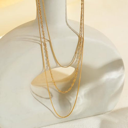 Elegance 11 designs Gold Plated Thin Chain Layered Necklaces For Women Non Tarnish,18k Gold Plated Stainless Steel Dainty Waterproof Gold Necklace Set Stack For Women Gifts Jewelry - color: Gold Necklace1801
