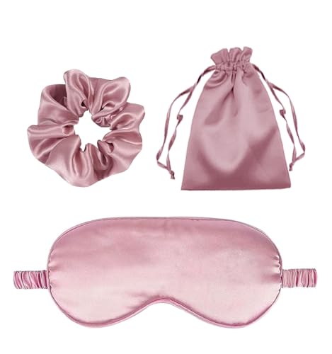 3Pcs Satin Eye Mask Silk Sleep Masks Set Silky Blindfold Eyeshade Blackout Eyes Cover Pouches Bag Scrunchy Wedding Gift - color: Dusty Rose