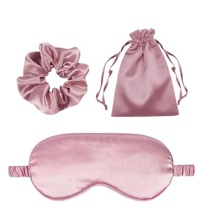 3Pcs Satin Eye Mask Silk Sleep Masks Set Silky Blindfold Eyeshade Blackout Eyes Cover Pouches Bag Scrunchy Wedding Gift - color: Dusty Rose