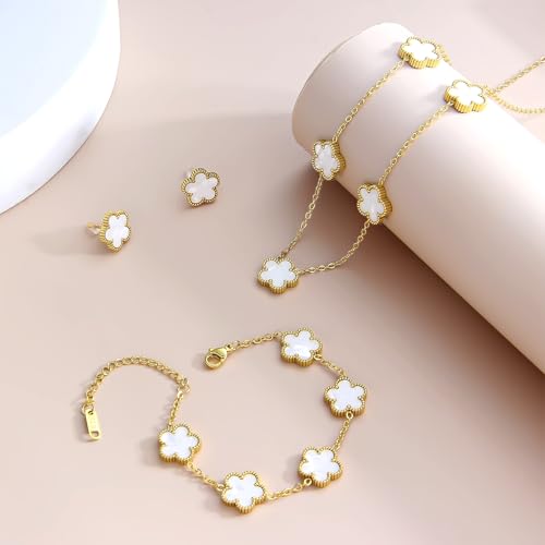 AmorArtSky Lucky Clover Jewelry Set - 18K Gold Plated Flower Design Five Leaf Bracelet, Necklace Pendant, Earrings for Women - Lucky Gifts for Mom, Wife, Daughter, Friends - style: Lucky Clover Jewelry Sets_White
