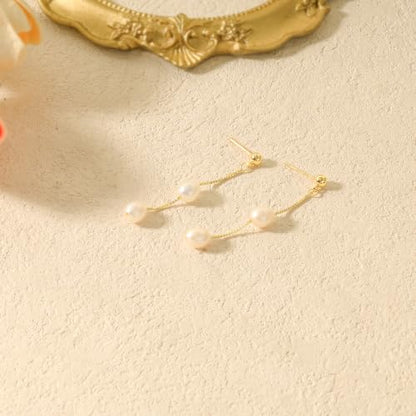 Pearl Earrings for Women:Gold Wedding Dangle Drop Earring Pearl Jewelry | 14K Gold Plated Pearl Drop Earrings for Women,Dainty Wedding Bride Earring Studs,Gold Dangle Drop Earring,Waterproof Jewelry - size: 1 pcs-1