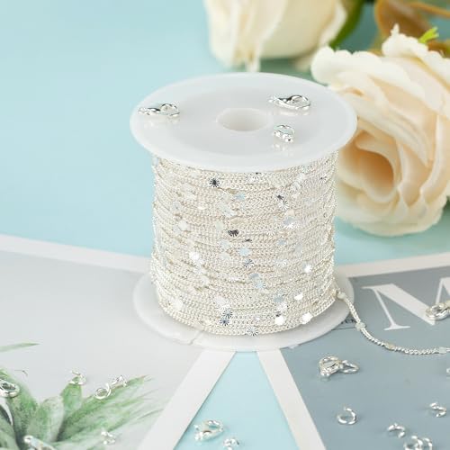 UMAOKANG 32.8 Feet Silver Chain for Women Necklace Bracelet DIY Jewelry Supplies Twist Curb Embossed Sequin Silver Plated Brass Chain Roll - color: Silver Embossed Sequin