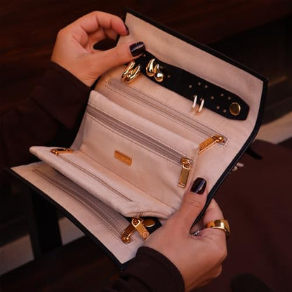 Time Resistance Leather Jewelry Roll - Full Grain Leather Travel Jewelry Case - Jewellery Organizer Made in Italy (Black) - color: Black