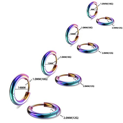 316L Surgical Stainless Steel Small Hoop Earrings 8mm 10mm 12mm 14mm Hypoallergenic Huggie Hoop Earrings Helix Lobes Hinged Sleeper Earrings Cartilage Piercings - color: H: Rainbow (Diameter 8mm/10mm/12mm/14mm),4 Pairs