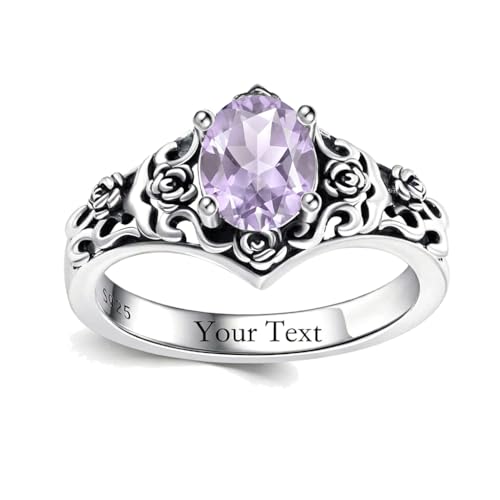 1 CT Oval Cut Gemstone Vintage Filigree Ring 925 Sterling Silver Retro Rose Teardrop Birthstone Statement Ring Anniversary Jewelry Gifts for Women Ring Size 4-13 - color: June-LIght Purple