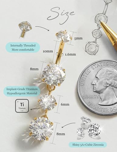 Tungary G23 Titanium Belly Button Rings for Women 14G Internally Threaded | Hypoallergenic Long Navel Piercing Jewelry, 3/8" Implant Grade Dangle Belly Button Piercing, 5A CZ, with Vacuum PVD Finish - color: Dangling: 14K Gold Plated